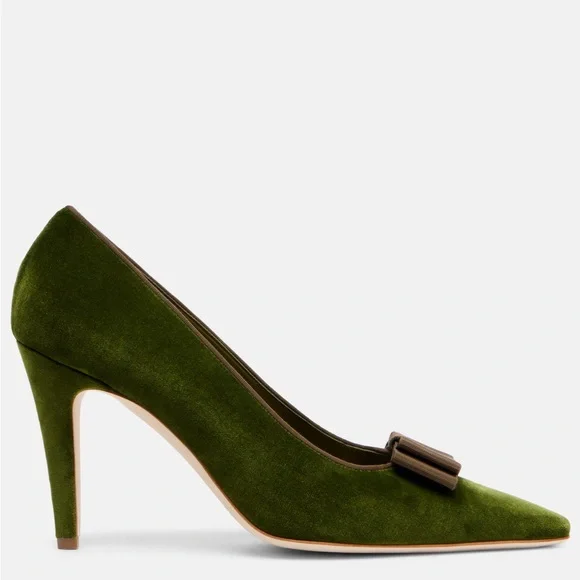 Manolo Blahnik Readorhi green velvet 95mm pointed-toe pumps with grosgrain bow - Picture 1 of 4